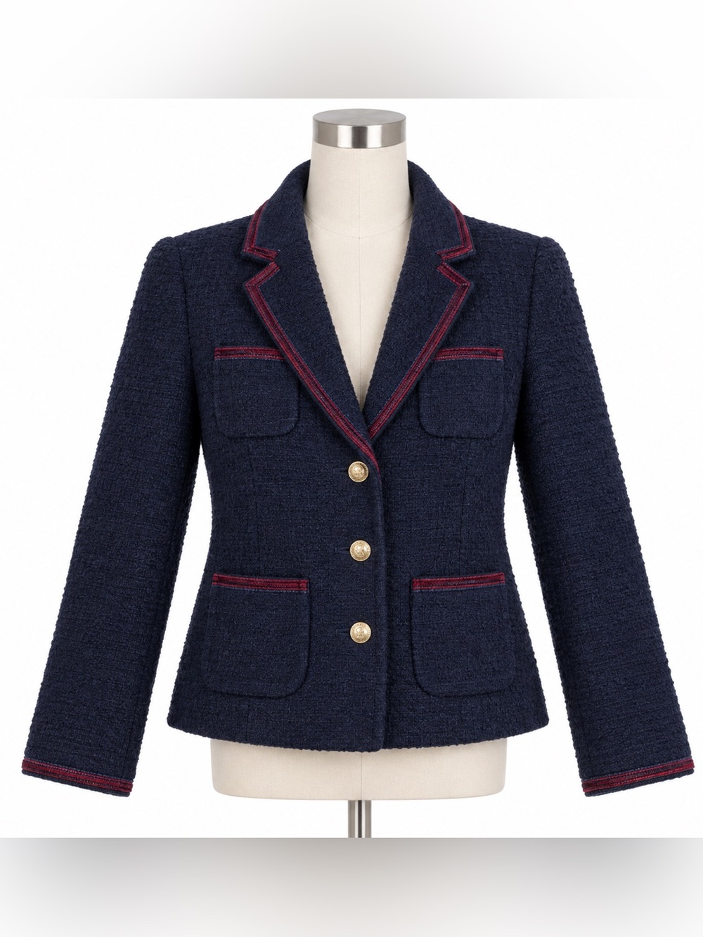 Talbots Blazer Jacket Womens 8 Blue Cotton Preppy Academia Tweed Gold Button